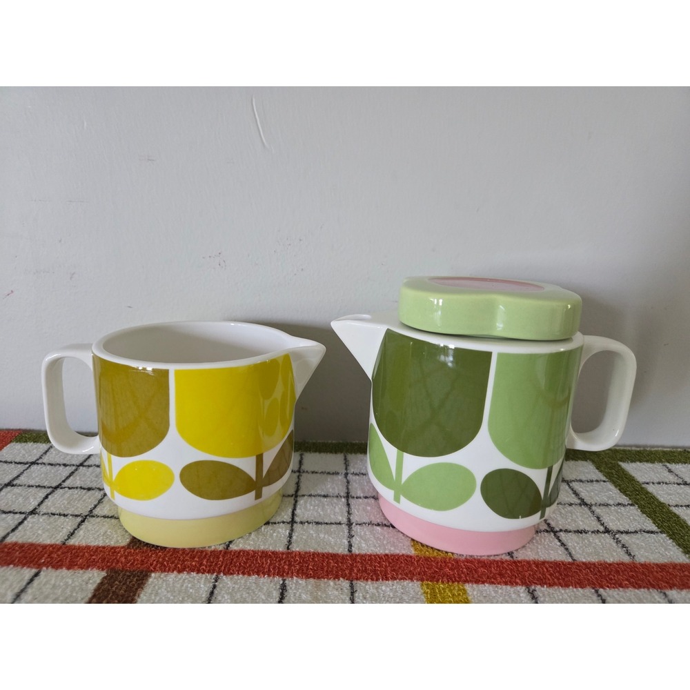 Orla Kiely Ceramic Teapot and Creamer Set Floral Stem Green Yellow Pink Retro